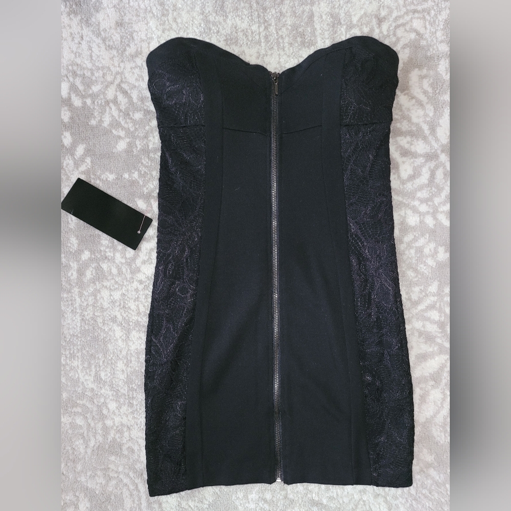 New Bebe Black Mini Dress, Zip Front, Lace Side Panel, Bustier, Size S.